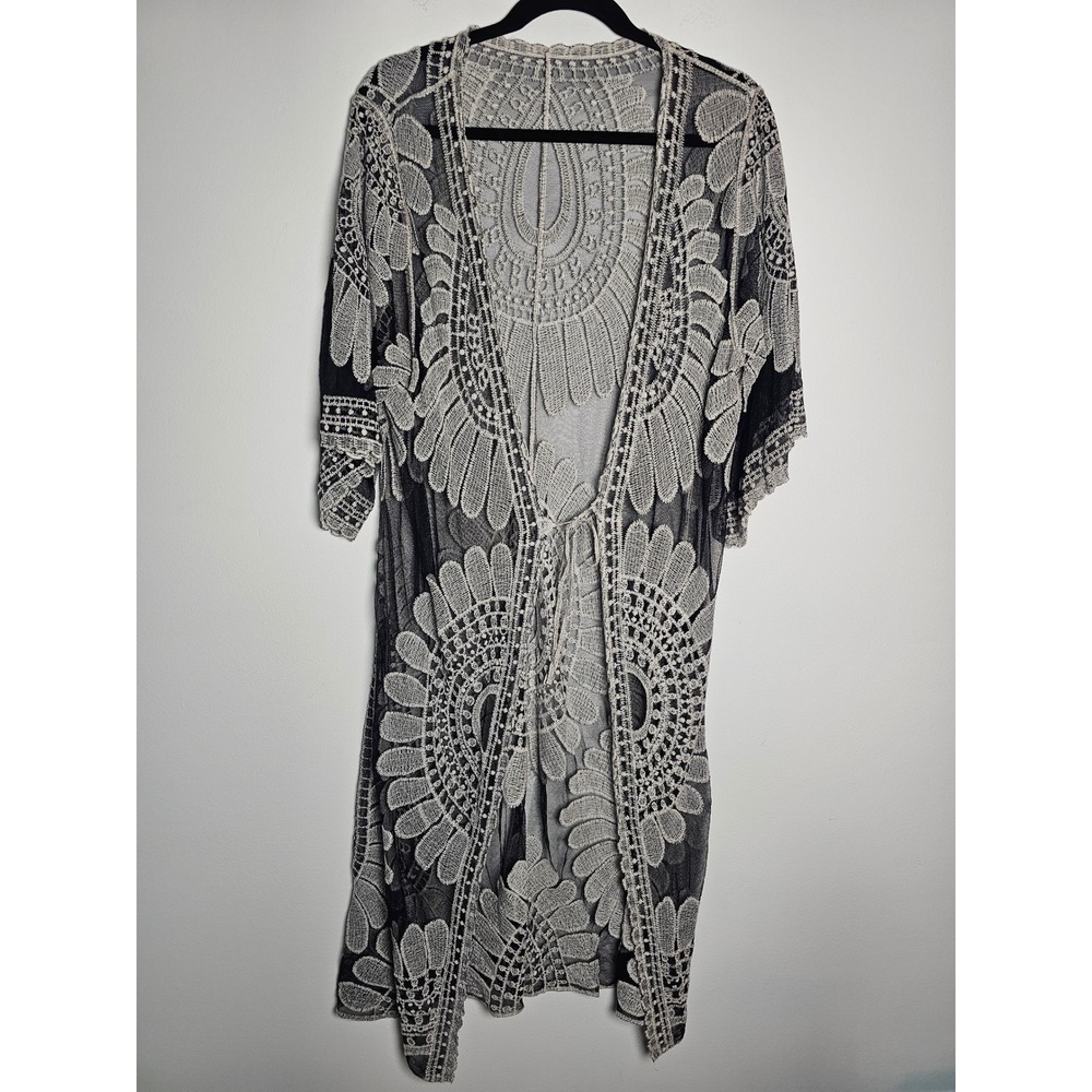 Boho Unbranded Lace Kimono Duster Womens One Size Black White Floral Embroidered